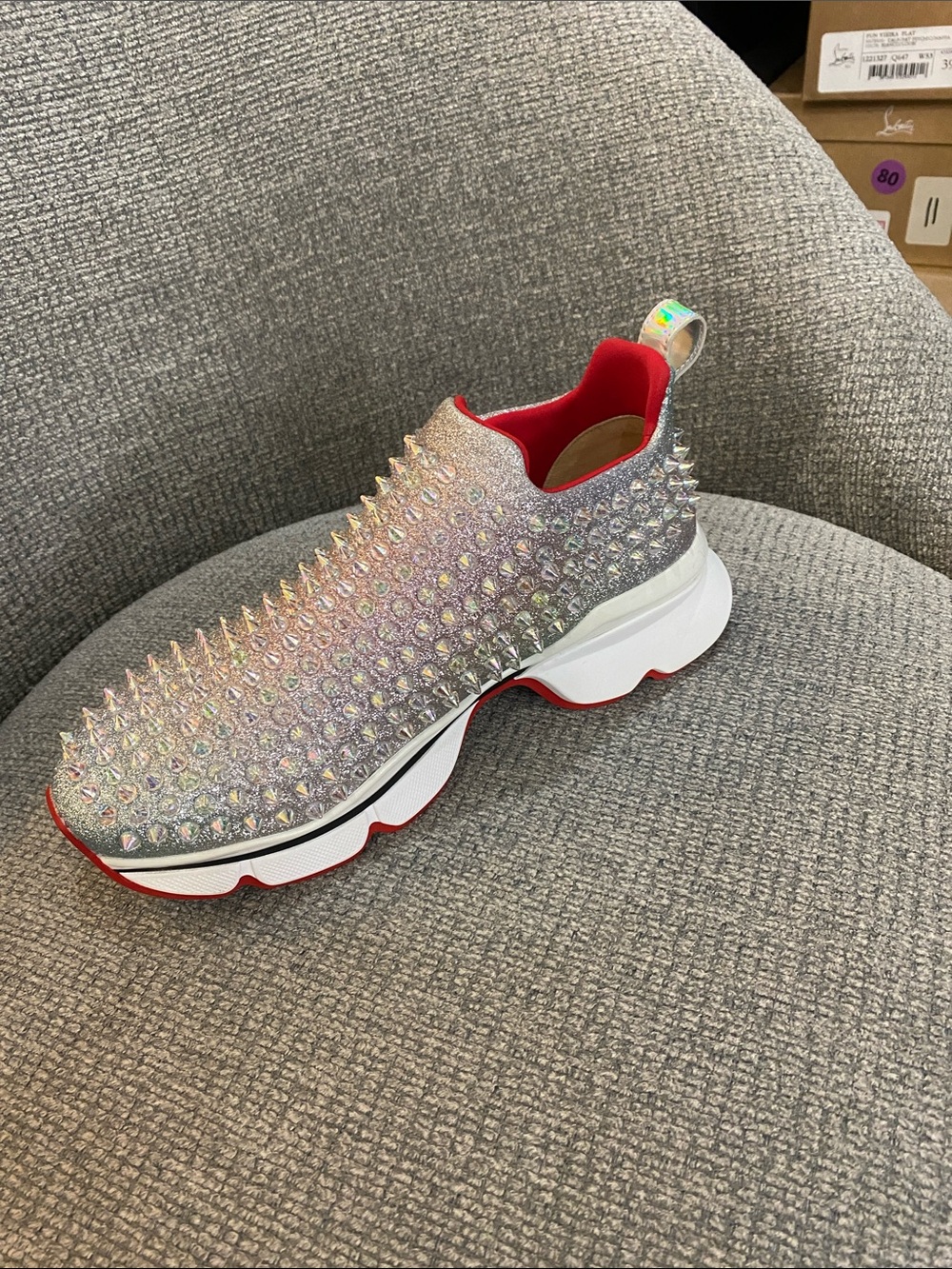 Valentino Silver Crystal Spike Slip-On Sneaker with Red Accents